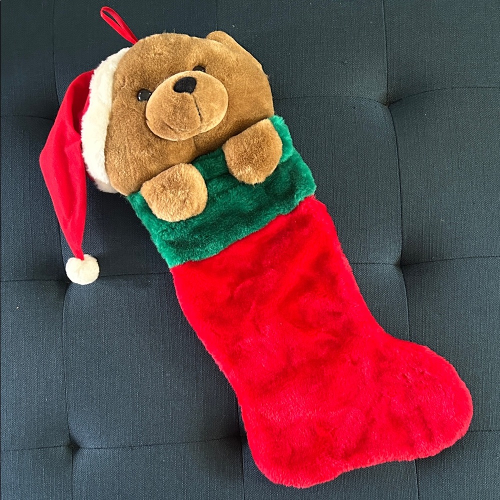 Vintage plush 3D Teddy Bear Christmas Stocking, fuzzy soft Santa hat Large 23”